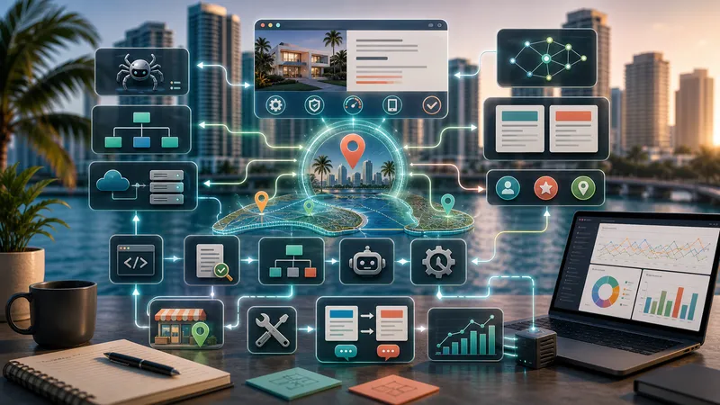Network operativo SEO tecnico a Miami con pin locali, nodi schema e percorsi di automazione.