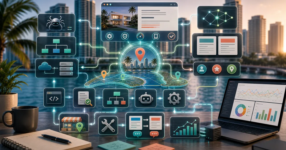 Network operativo SEO tecnico a Miami con pin locali, nodi schema e percorsi di automazione.