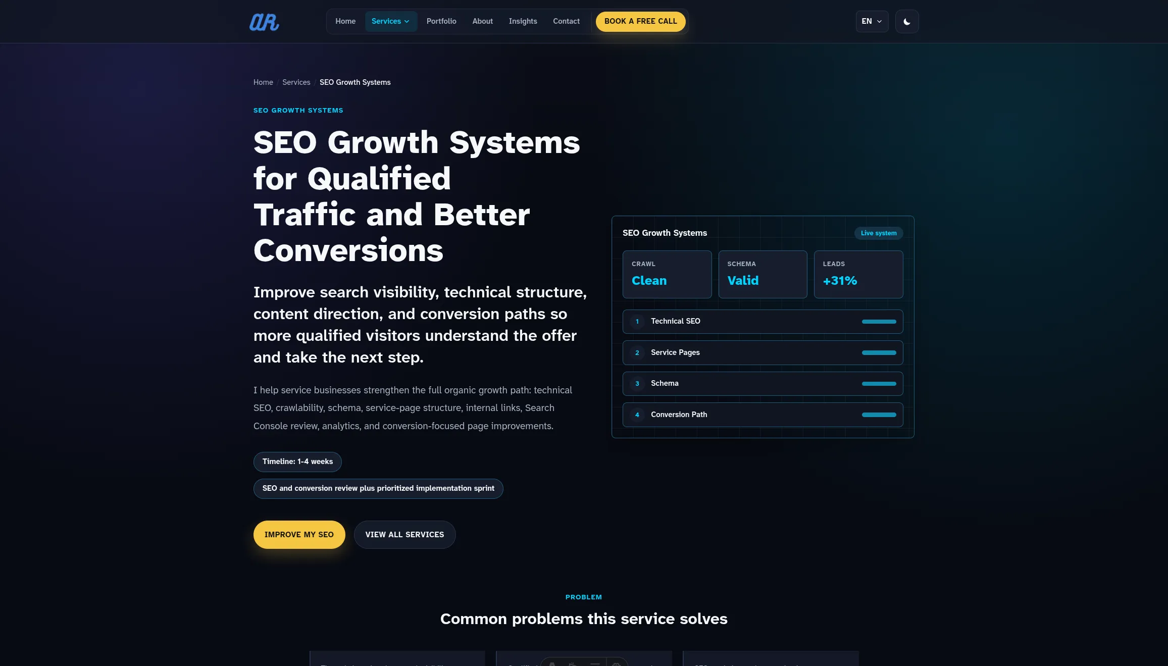 SEO growth systems service page on the Avaab Razzaq website.