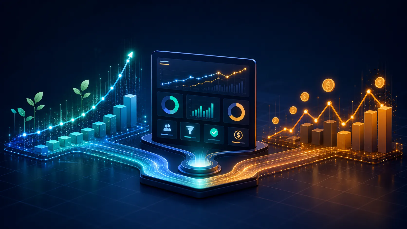 Ilustración generada con IA que muestra crecimiento orgánico por SEO y rendimiento de Google Ads alimentando un dashboard central de analítica.