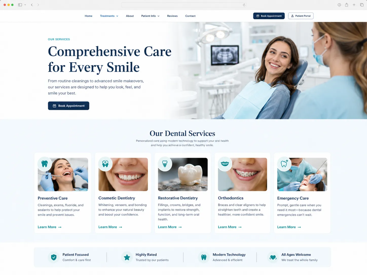 Dental clinic services overview page with treatment cards.