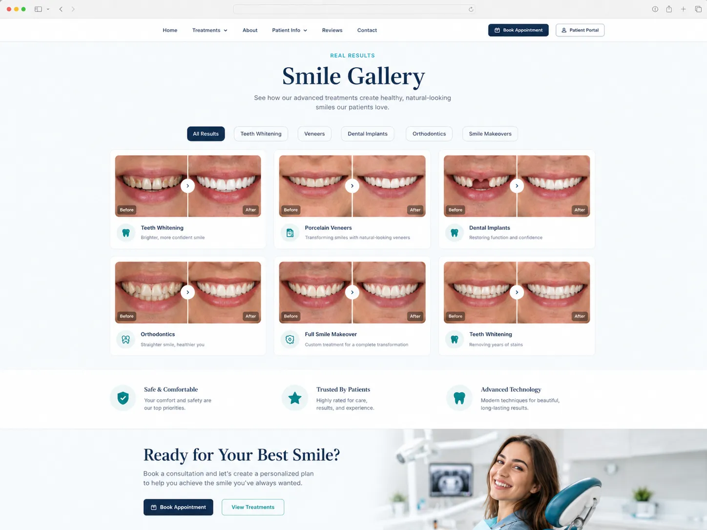 Dental clinic smile gallery page with treatment examples.