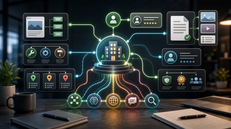 Grafo di entità dati strutturati che collega nodi business, servizio, location, autore e proof.