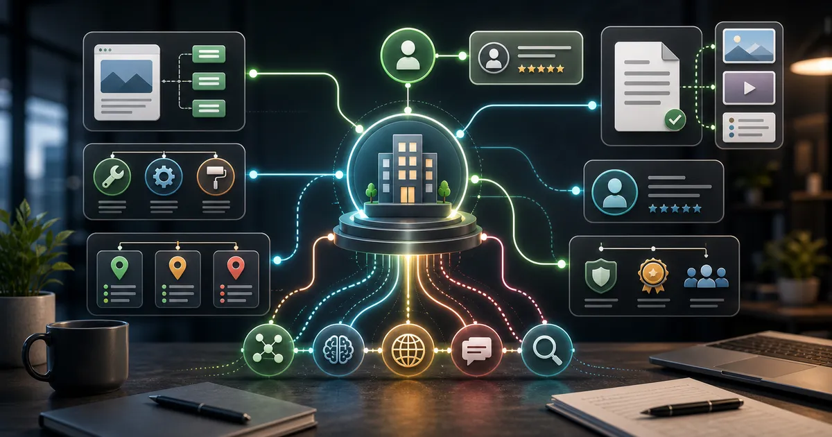 Grafo di entità dati strutturati che collega nodi business, servizio, location, autore e proof.