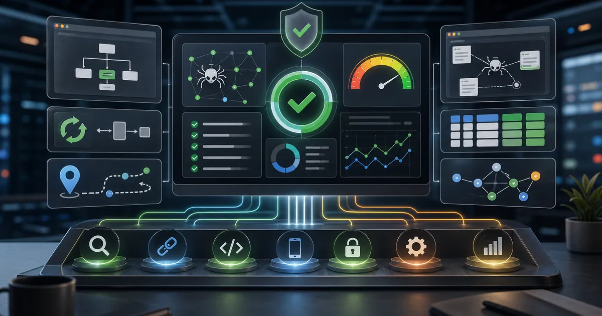 Sala di controllo per audit SEO tecnico con percorsi crawler, blocchi schema e controlli performance.
