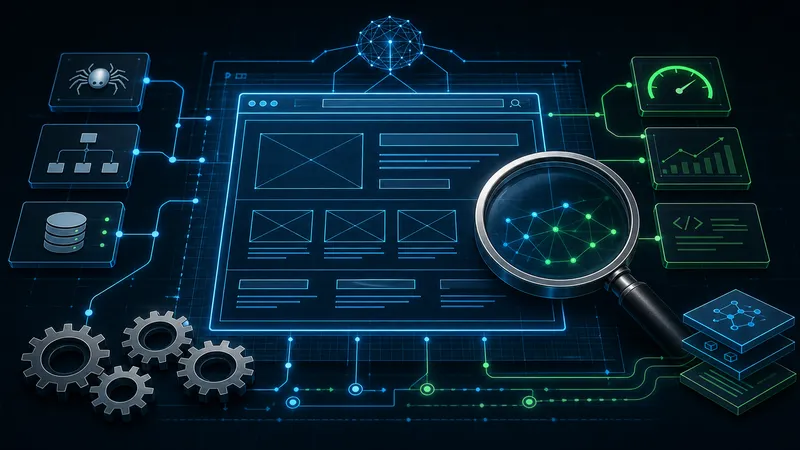 Illustrazione astratta blueprint dell'architettura sito web e delle meccaniche technical SEO.