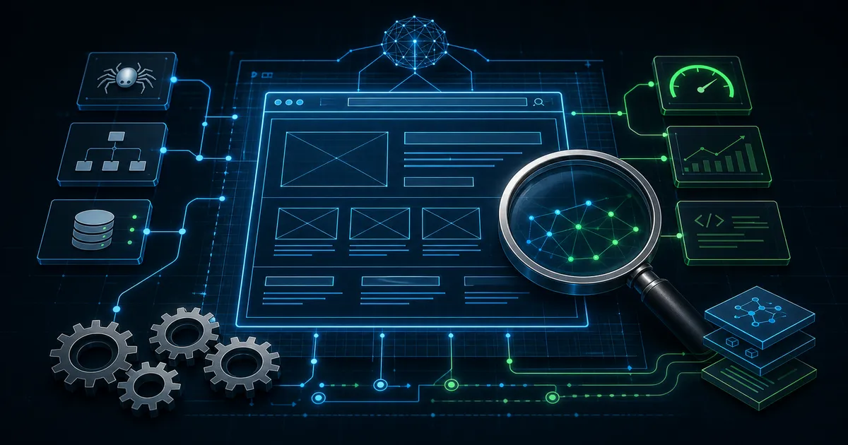 Illustrazione astratta blueprint dell'architettura sito web e delle meccaniche technical SEO.