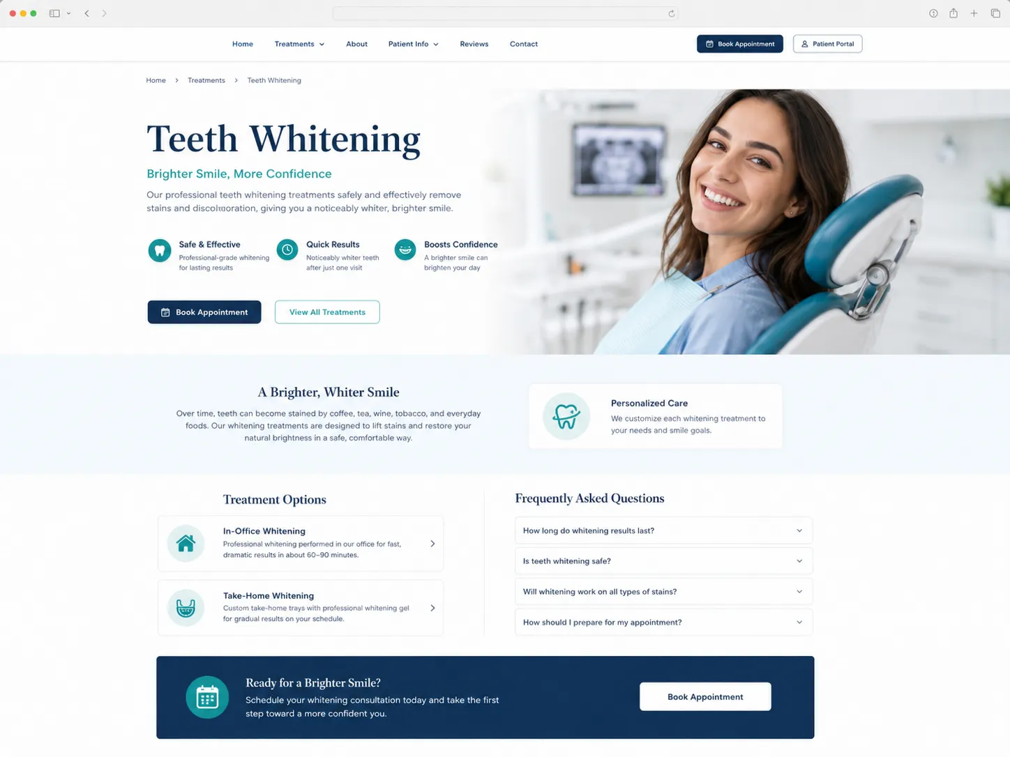 Dental clinic teeth whitening treatment page.