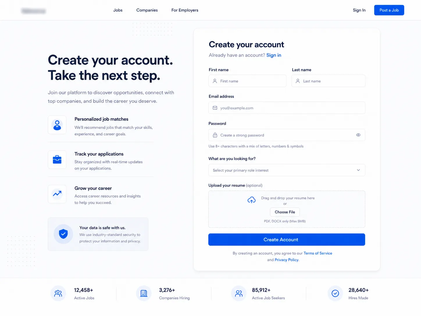 Candidate account registration page for the job listing platform.
